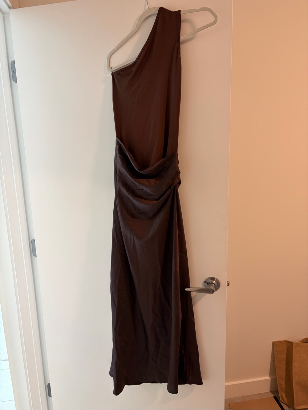 One-Shoulder Draped Maxi Dress in Brown